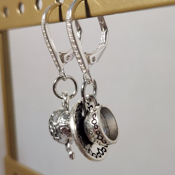 VTG 925 Teapot and Cup & Saucer Dangle Zircon Leverback Earrings - Picture 6 of 14